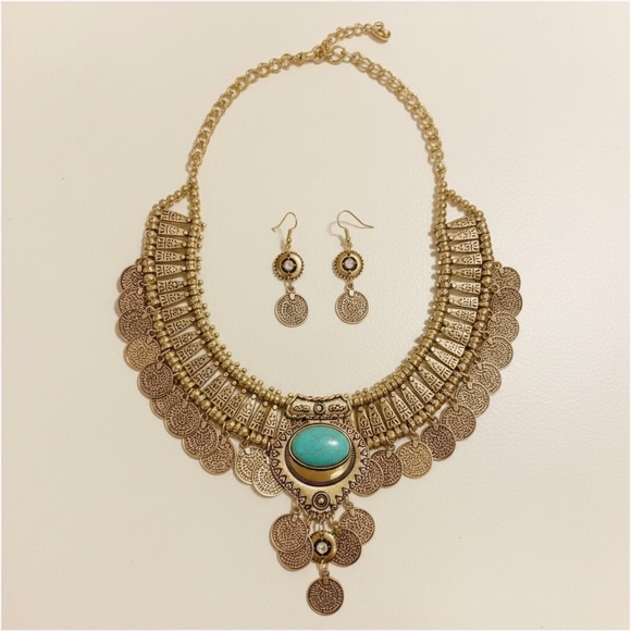 NWT Gold Coin Statement Necklace & Earrings Set with Turquoise Accent - Picture 5 of 15